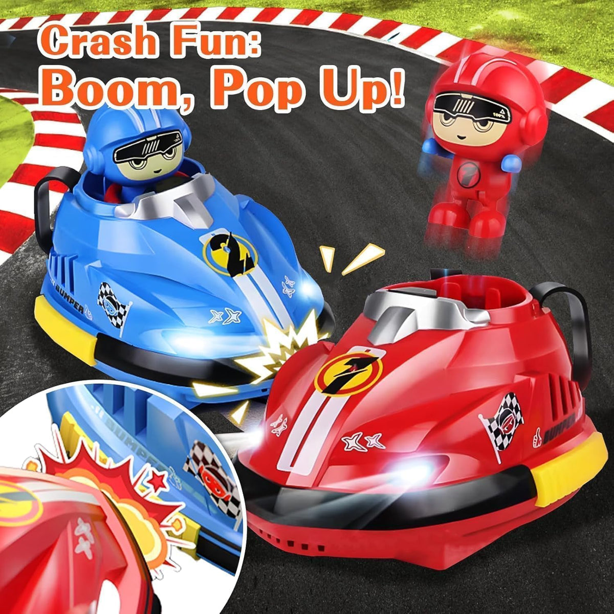 RC Bumper Car Set of 2 with Remote Control & Jump-Out Figures | Dual Speed Modes, 360° Spinning, Lights & Sounds | 2 Player RC Bumper Car Game for Kids