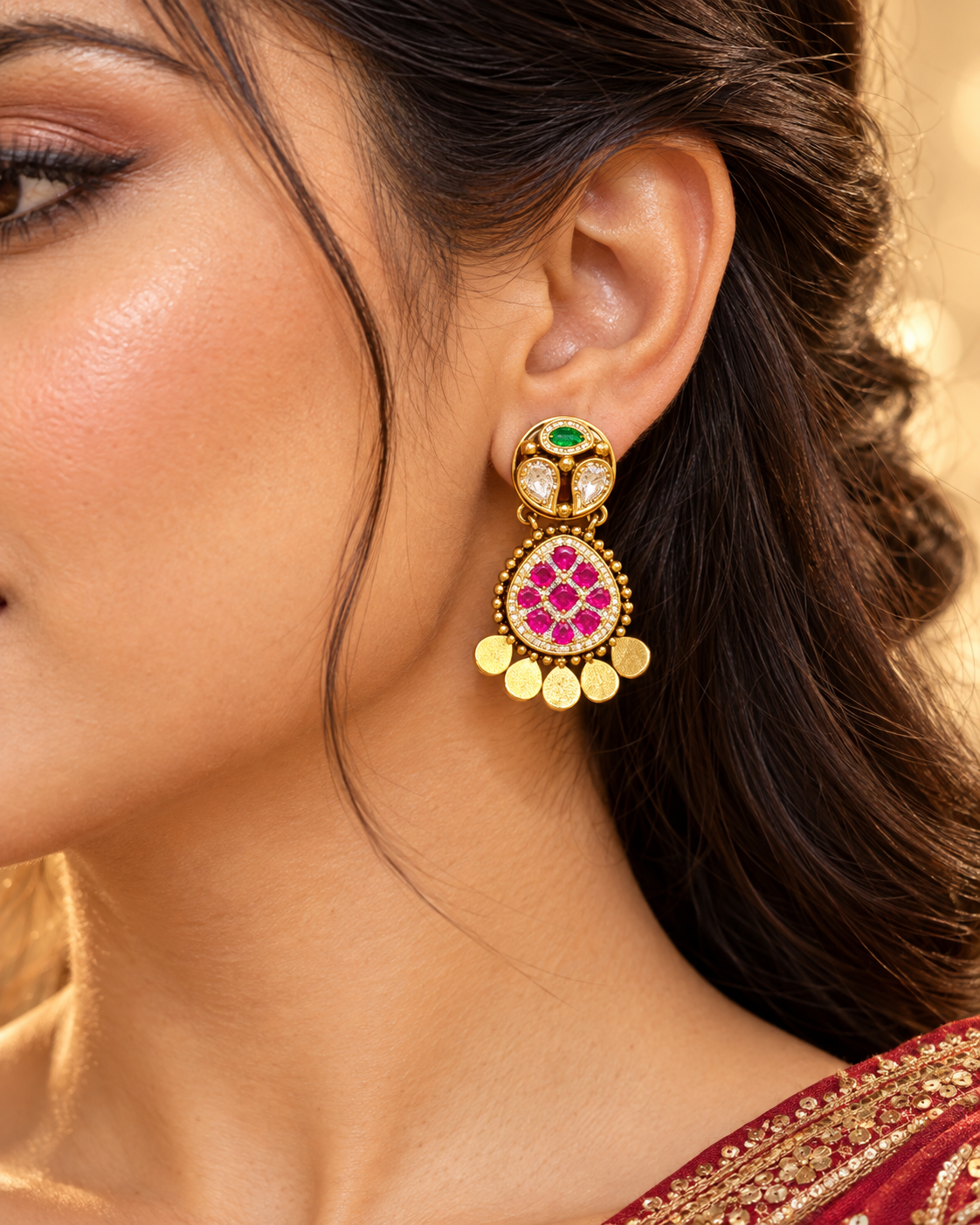Women’s Gold Plated Pink & Green Stone Necklace Set with Matching Earrings | YLOCART