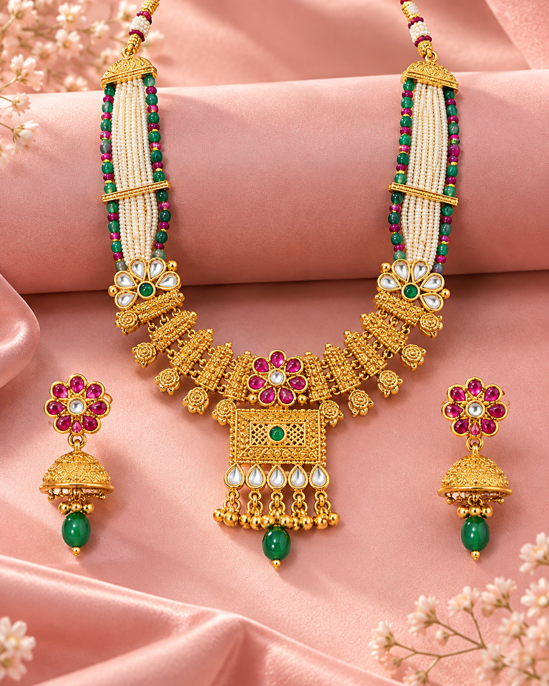 Traditional Pearl Necklace Set with Green Pink Stones and Jhumka Earrings for Women