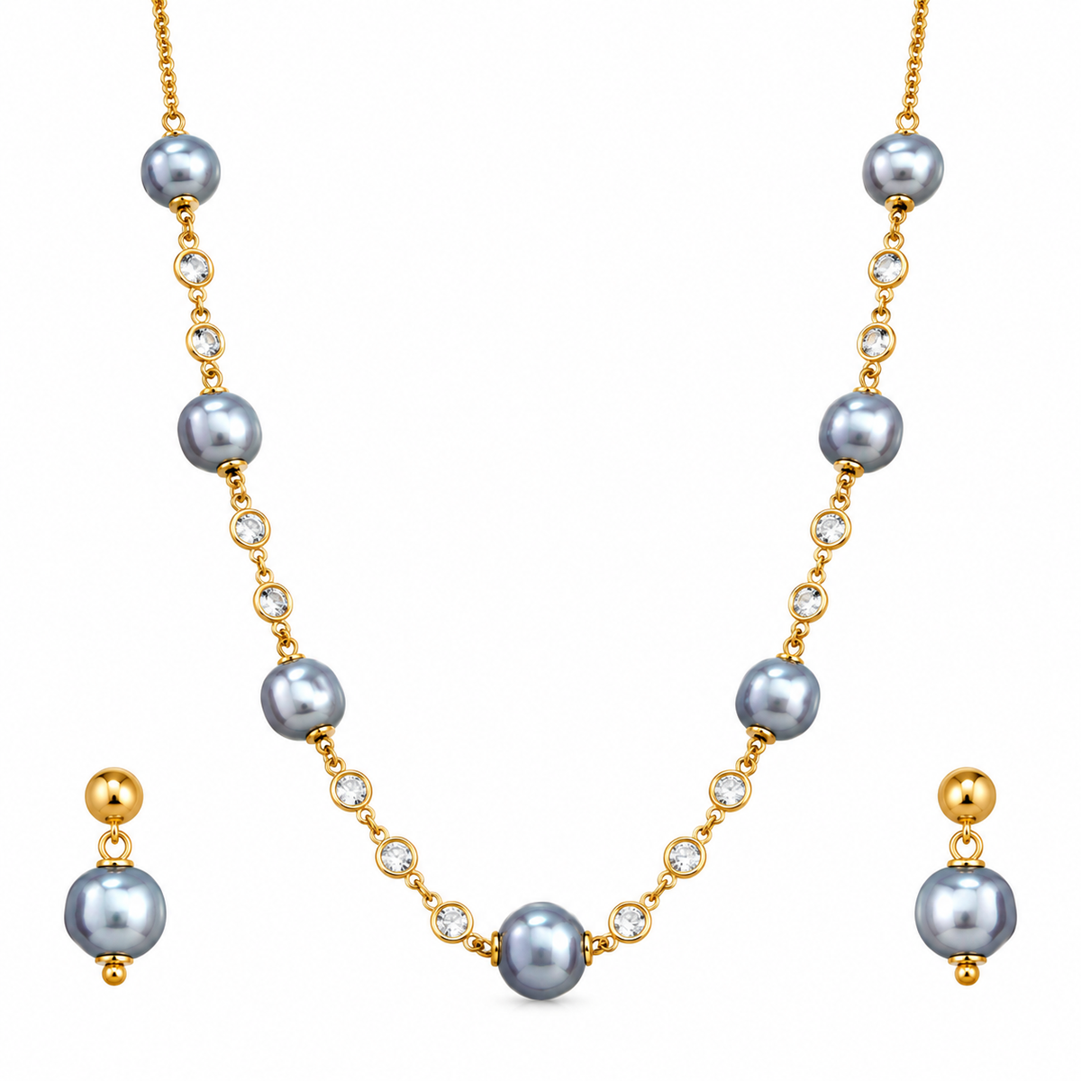 Women’s Gold Plated Grey Pearl & Crystal Necklace Set with Matching Earrings