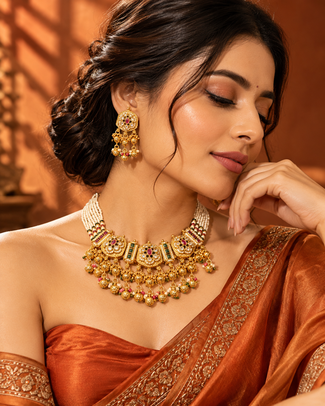 Traditional Gold Tone Pearl Necklace Set with Green and Ruby Pink Stones for Women