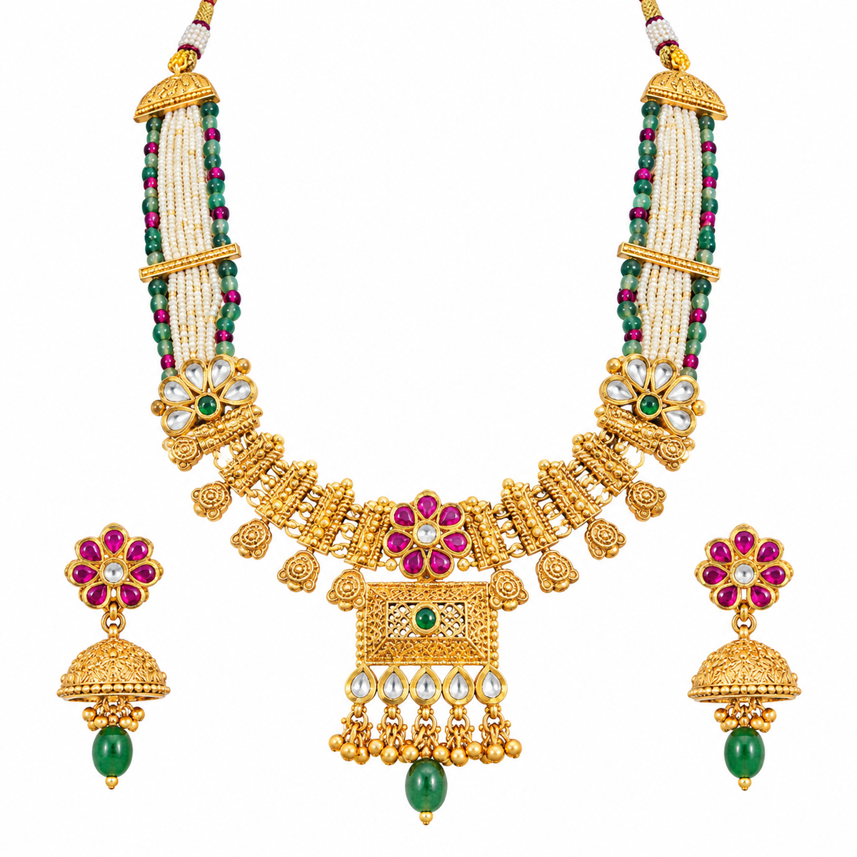 Traditional Pearl Necklace Set with Green Pink Stones and Jhumka Earrings for Women