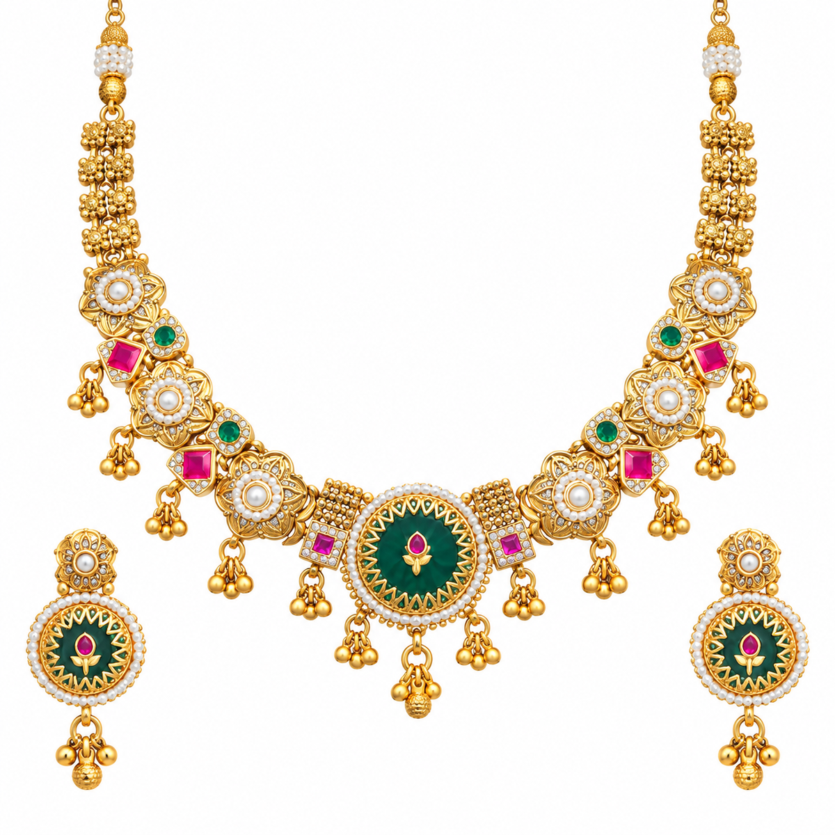Women’s Traditional Gold Plated Green & Pink Stone Necklace Set with Matching Earrings | YLOCART