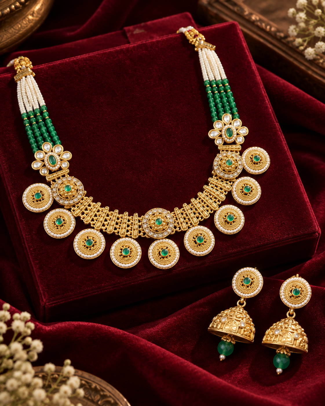 Traditional Gold Plated Green Stone Pearl Necklace Set with Matching Earrings