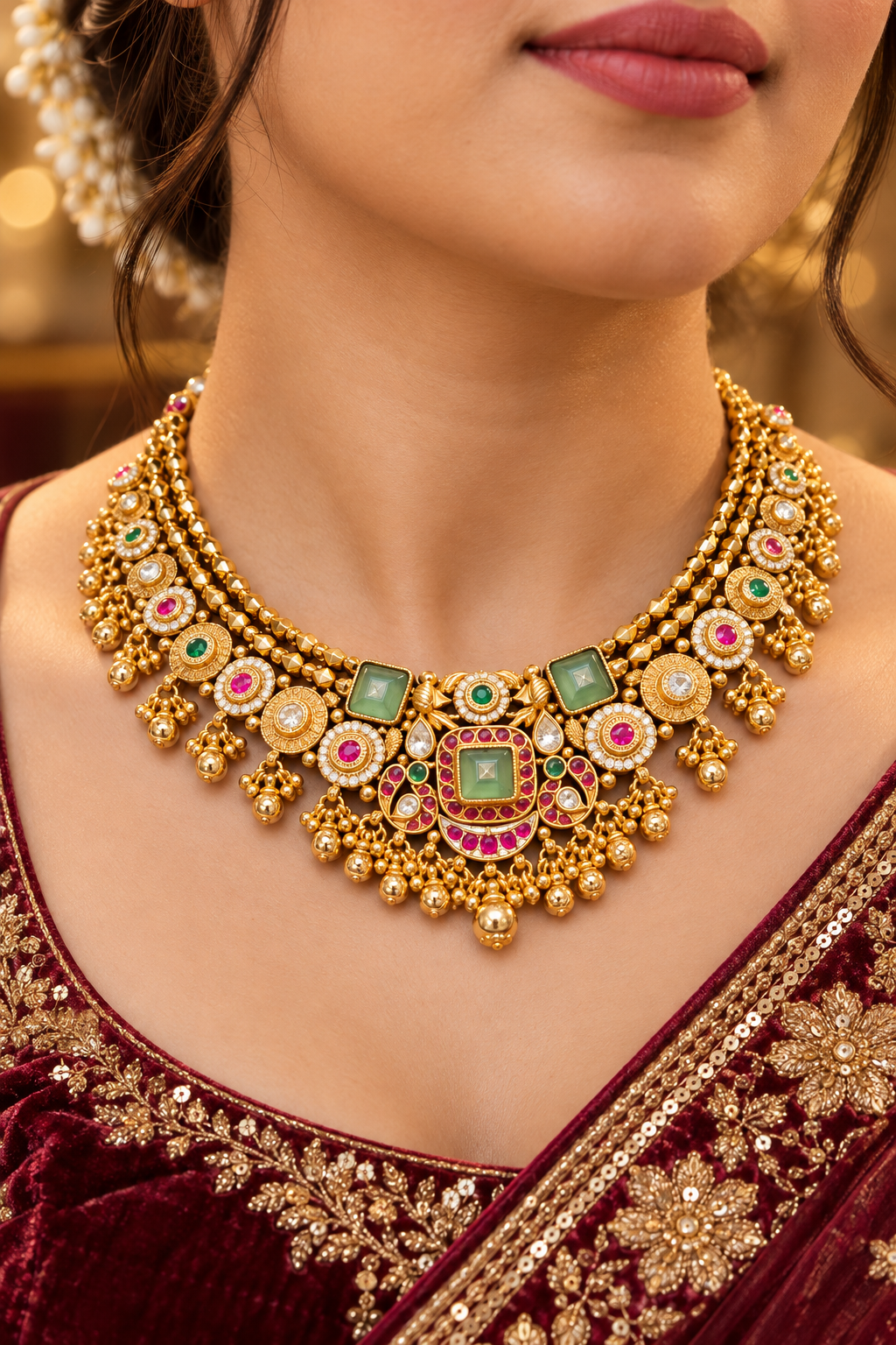 Heavy Traditional Gold Tone Necklace Set with Green Pink Stones and Matching Earrings for Women