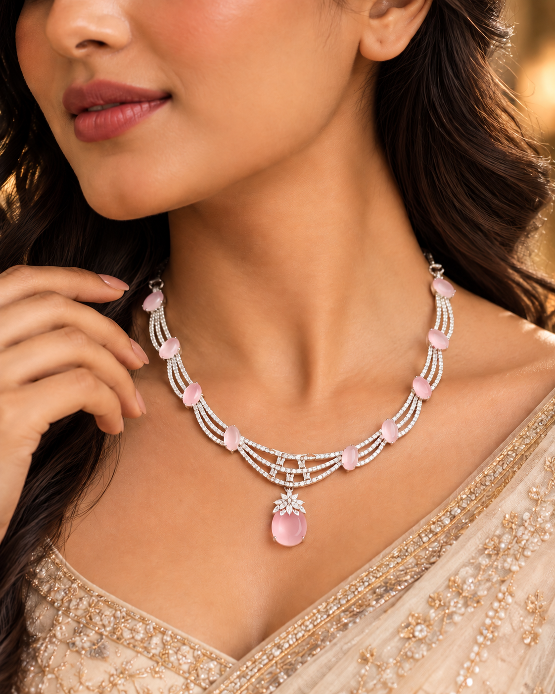 Women’s Silver Tone Pink Stone Necklace Set with Matching Earrings | YLOCART