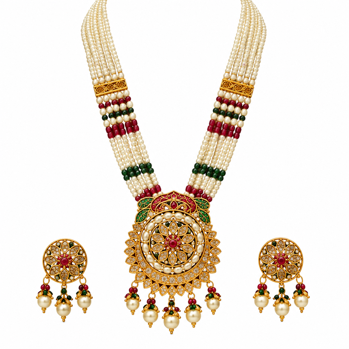 YLOCART Gold Tone Pearl Necklace and Earrings Set for Women | Multicolor Traditional Ethnic Bridal Jewellery