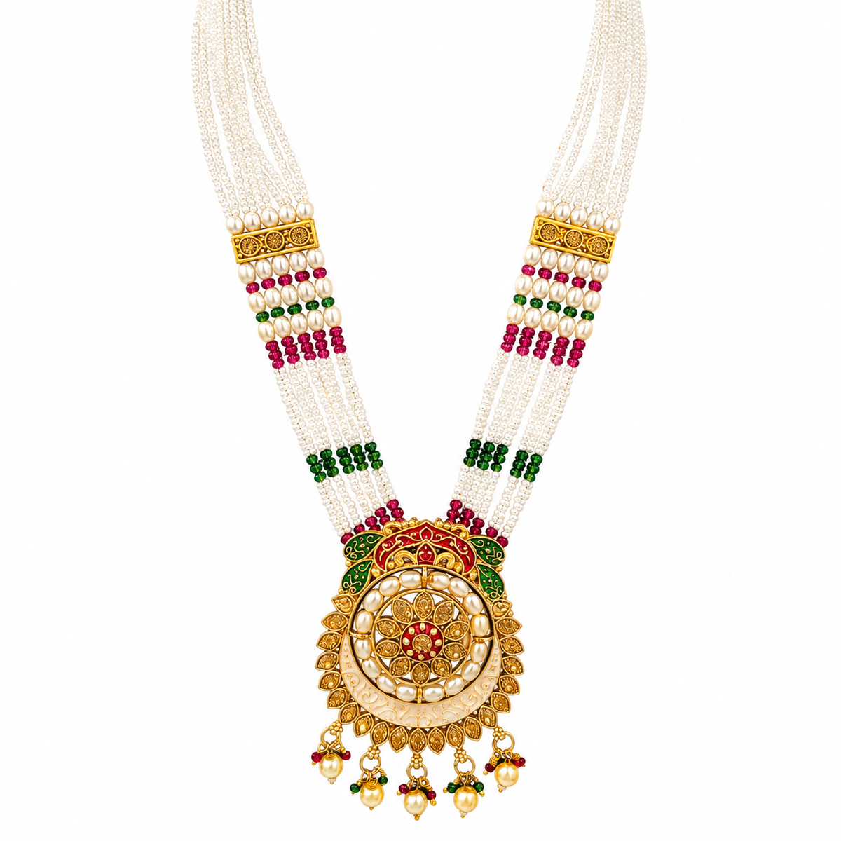 YLOCART Gold Tone Pearl Necklace and Earrings Set for Women | Multicolor Traditional Ethnic Bridal Jewellery