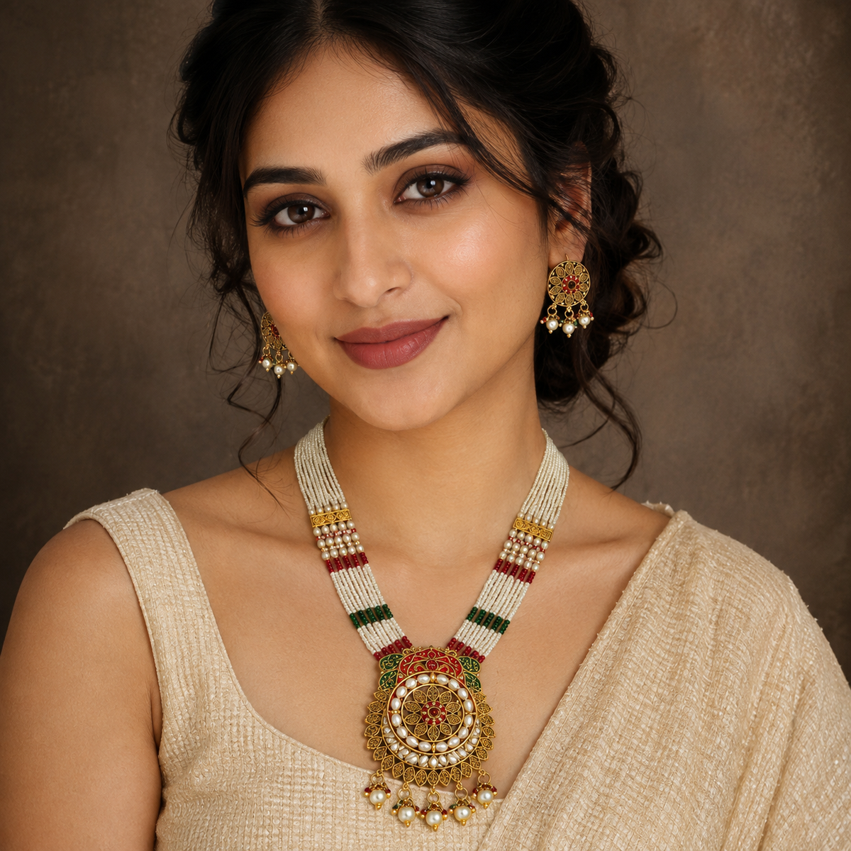 YLOCART Gold Tone Pearl Necklace and Earrings Set for Women | Multicolor Traditional Ethnic Bridal Jewellery