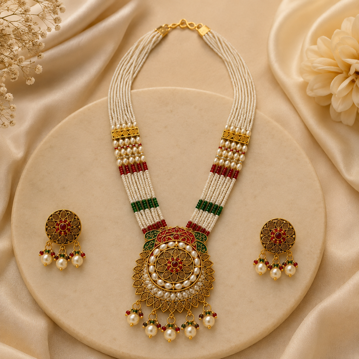 YLOCART Gold Tone Pearl Necklace and Earrings Set for Women | Multicolor Traditional Ethnic Bridal Jewellery