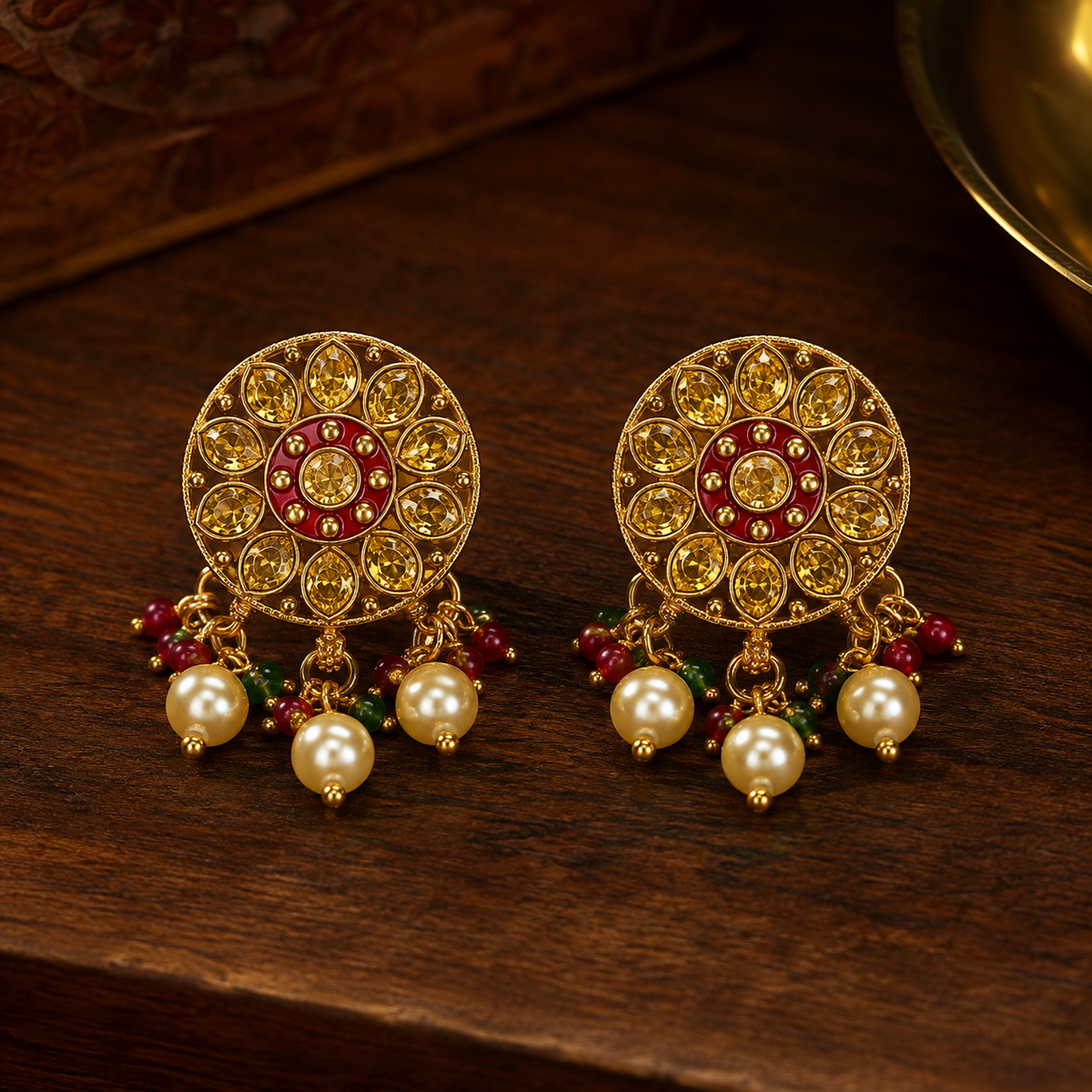 YLOCART Gold Tone Pearl Necklace and Earrings Set for Women | Multicolor Traditional Ethnic Bridal Jewellery