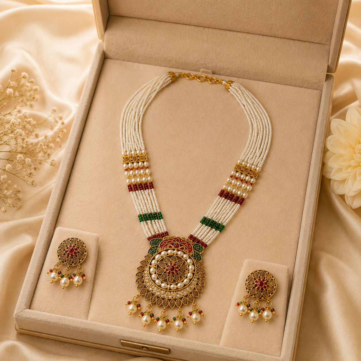 YLOCART Gold Tone Pearl Necklace and Earrings Set for Women | Multicolor Traditional Ethnic Bridal Jewellery