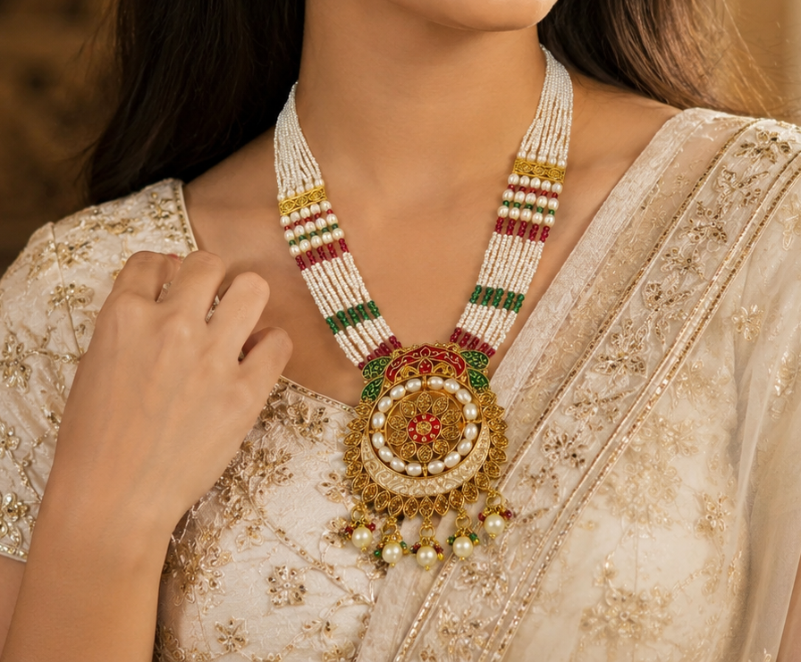 YLOCART Gold Tone Pearl Necklace and Earrings Set for Women | Multicolor Traditional Ethnic Bridal Jewellery