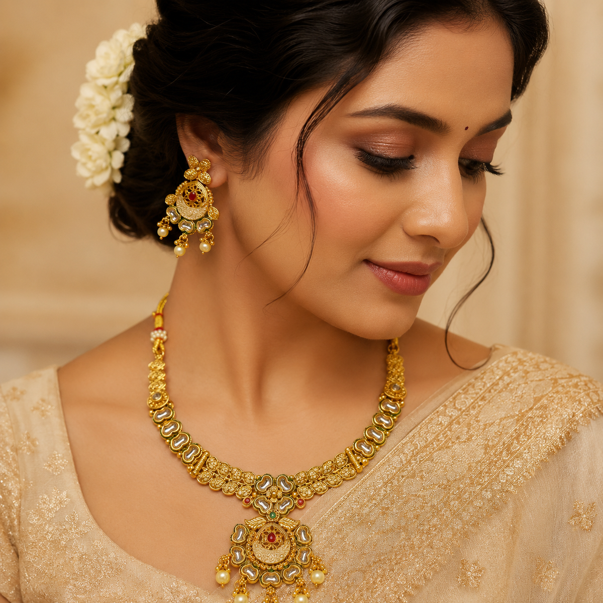 YLOCART Gold Tone Traditional Necklace and Earrings Set for Women | Green Red Stone & Pearl Drop Ethnic Jewellery