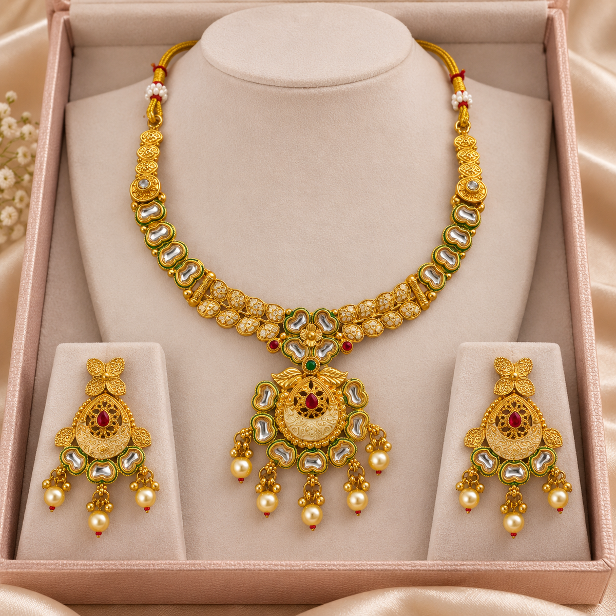 YLOCART Gold Tone Traditional Necklace and Earrings Set for Women | Green Red Stone & Pearl Drop Ethnic Jewellery