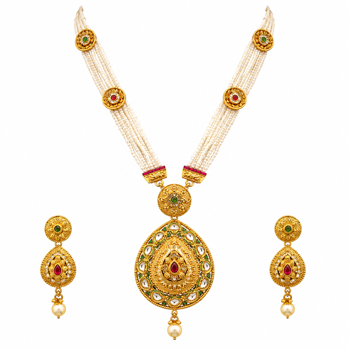 YLOCART Gold Tone Pearl Necklace and Earrings Set for Women | Traditional Ethnic Bridal Jewellery