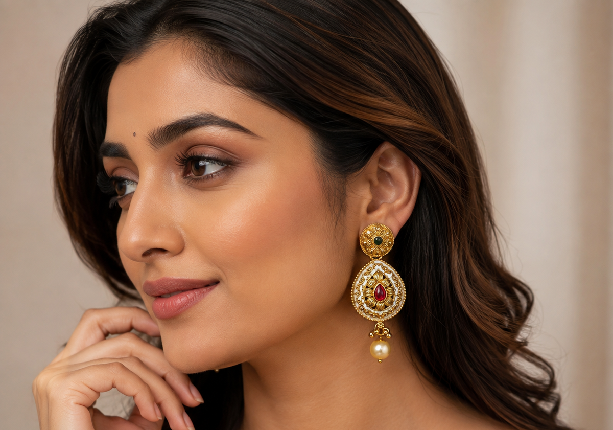YLOCART Gold Tone Pearl Necklace and Earrings Set for Women | Traditional Ethnic Bridal Jewellery