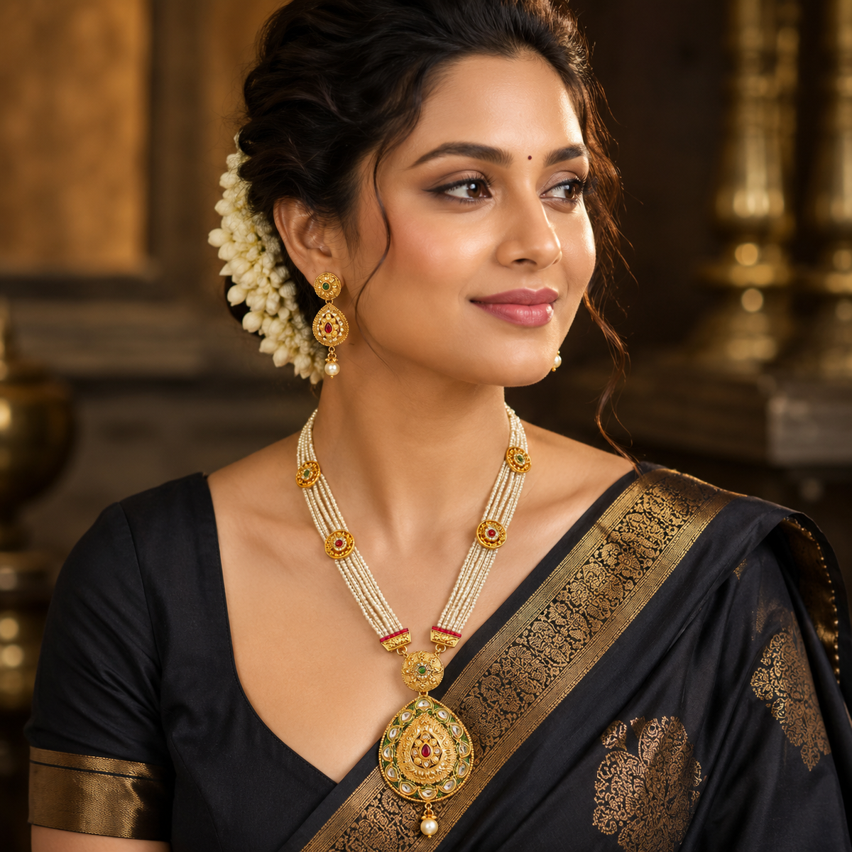 YLOCART Gold Tone Pearl Necklace and Earrings Set for Women | Traditional Ethnic Bridal Jewellery