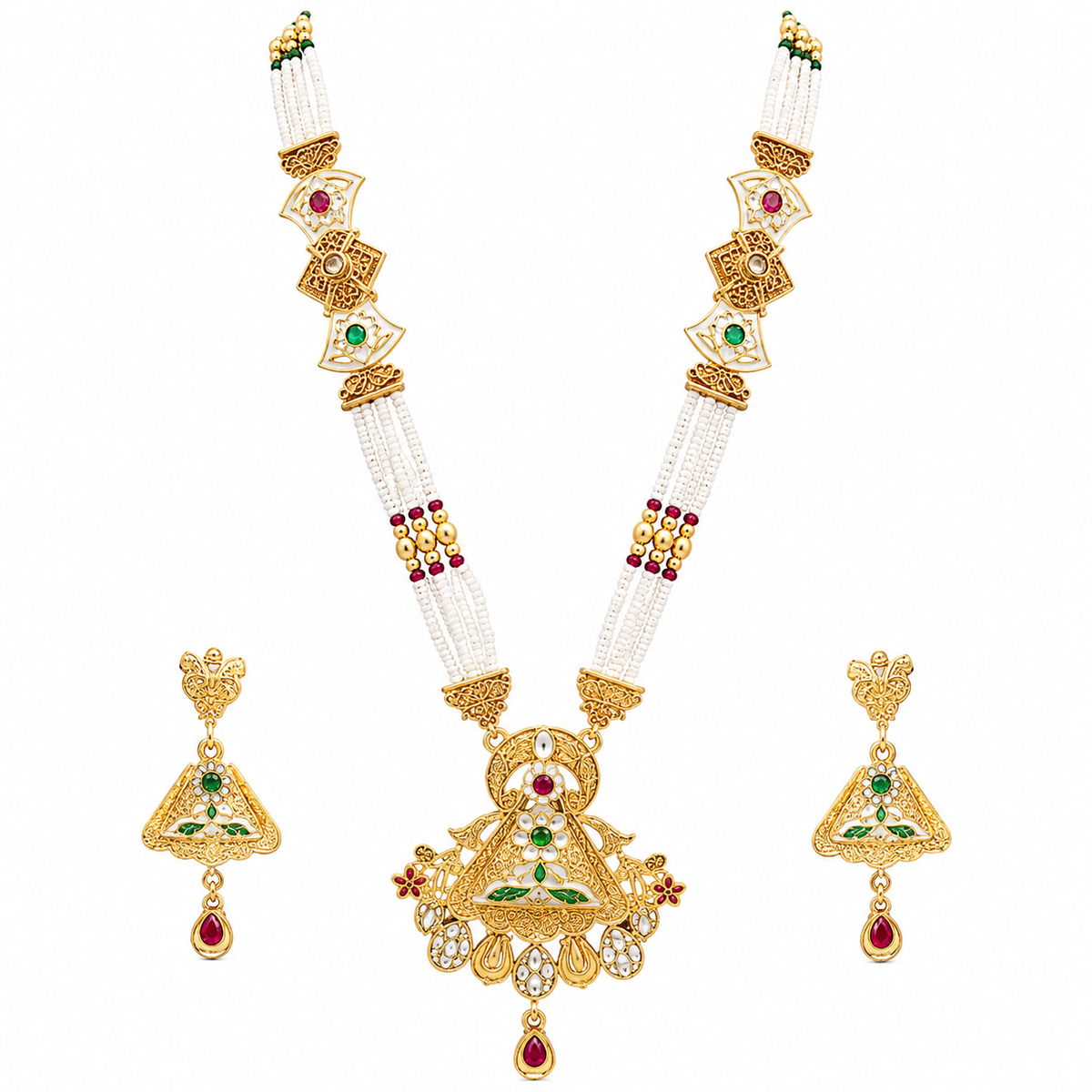 YLOCART Gold Tone Pearl Necklace and Earrings Set for Women | Multicolor Traditional Ethnic Jewellery Set