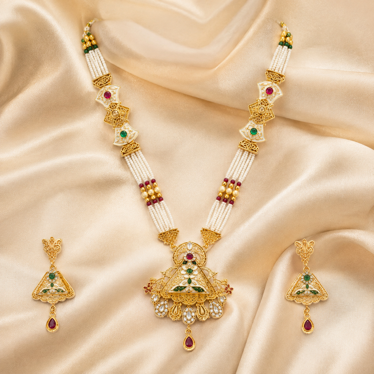 YLOCART Gold Tone Pearl Necklace and Earrings Set for Women | Multicolor Traditional Ethnic Jewellery Set