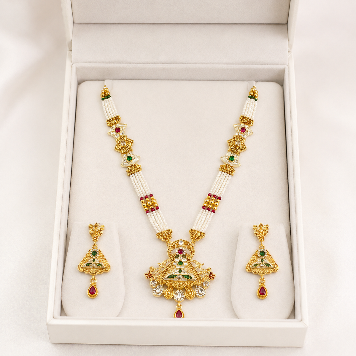 YLOCART Gold Tone Pearl Necklace and Earrings Set for Women | Multicolor Traditional Ethnic Jewellery Set