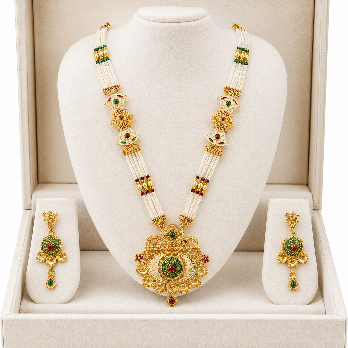 YLOCART Gold Tone Pearl Necklace and Earrings Set for Women | Multicolor Traditional Ethnic Jewellery