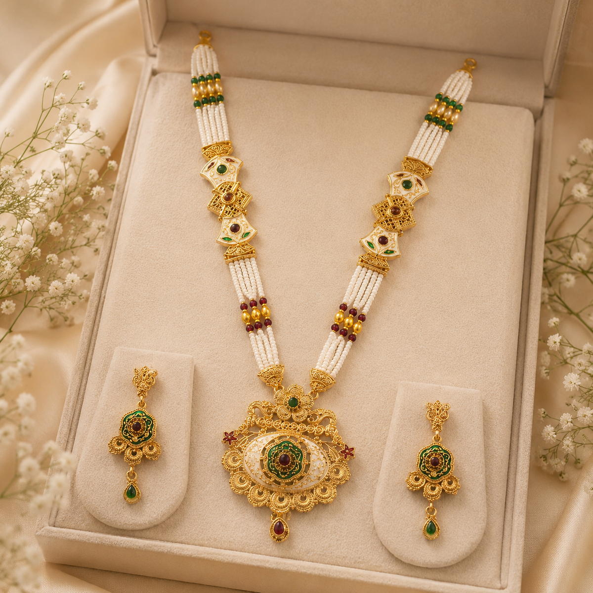 YLOCART Gold Tone Pearl Necklace and Earrings Set for Women | Multicolor Traditional Ethnic Jewellery