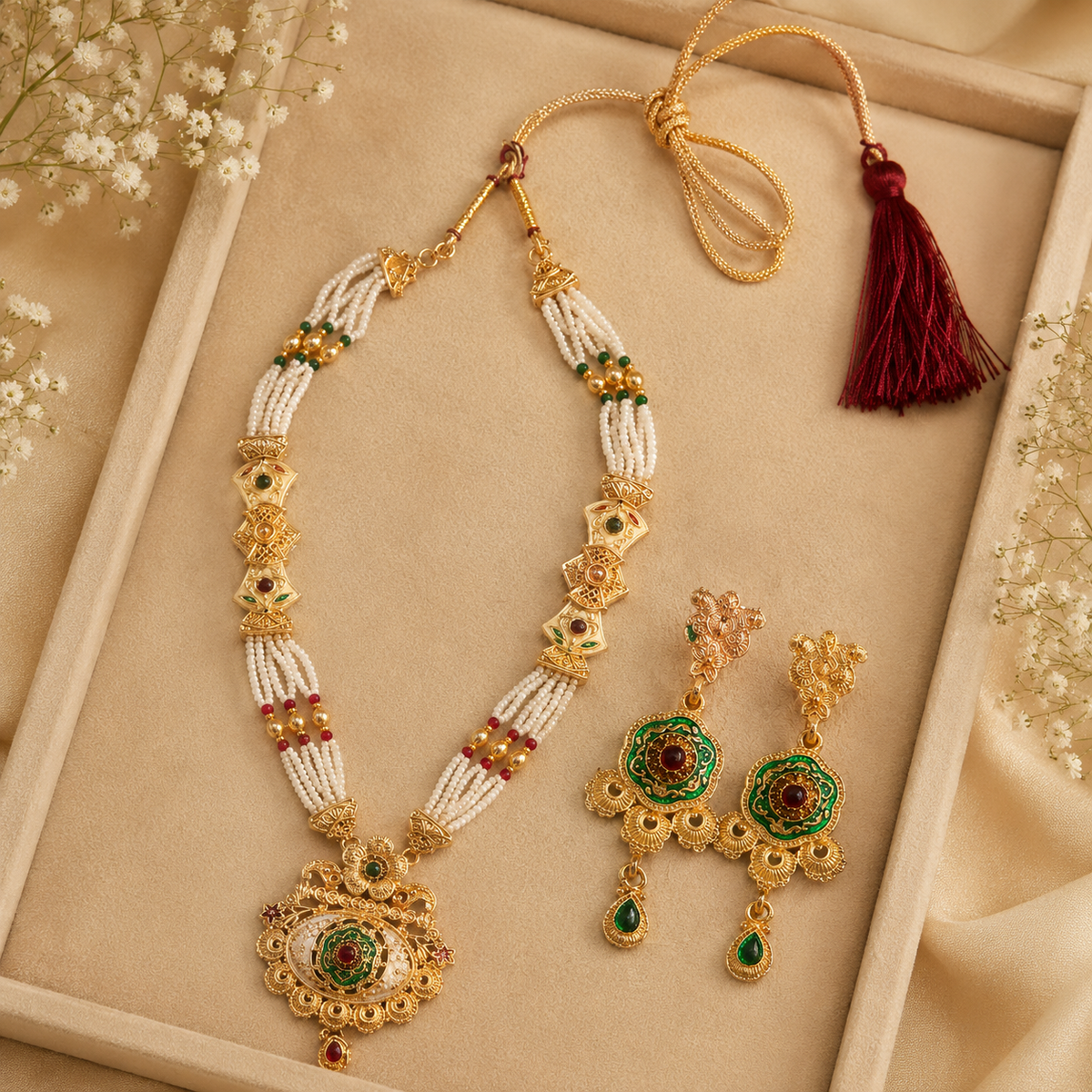 YLOCART Gold Tone Pearl Necklace and Earrings Set for Women | Multicolor Traditional Ethnic Jewellery