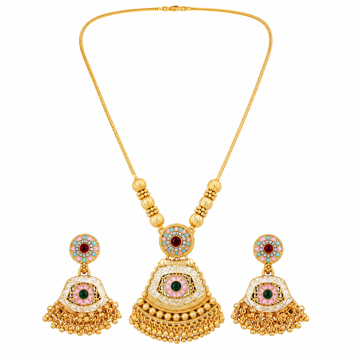 YLOCART Gold Tone Traditional Necklace and Earrings Set for Women | Multicolor Ethnic Jewellery Set