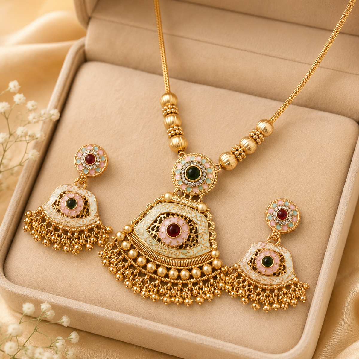 YLOCART Gold Tone Traditional Necklace and Earrings Set for Women | Multicolor Ethnic Jewellery Set
