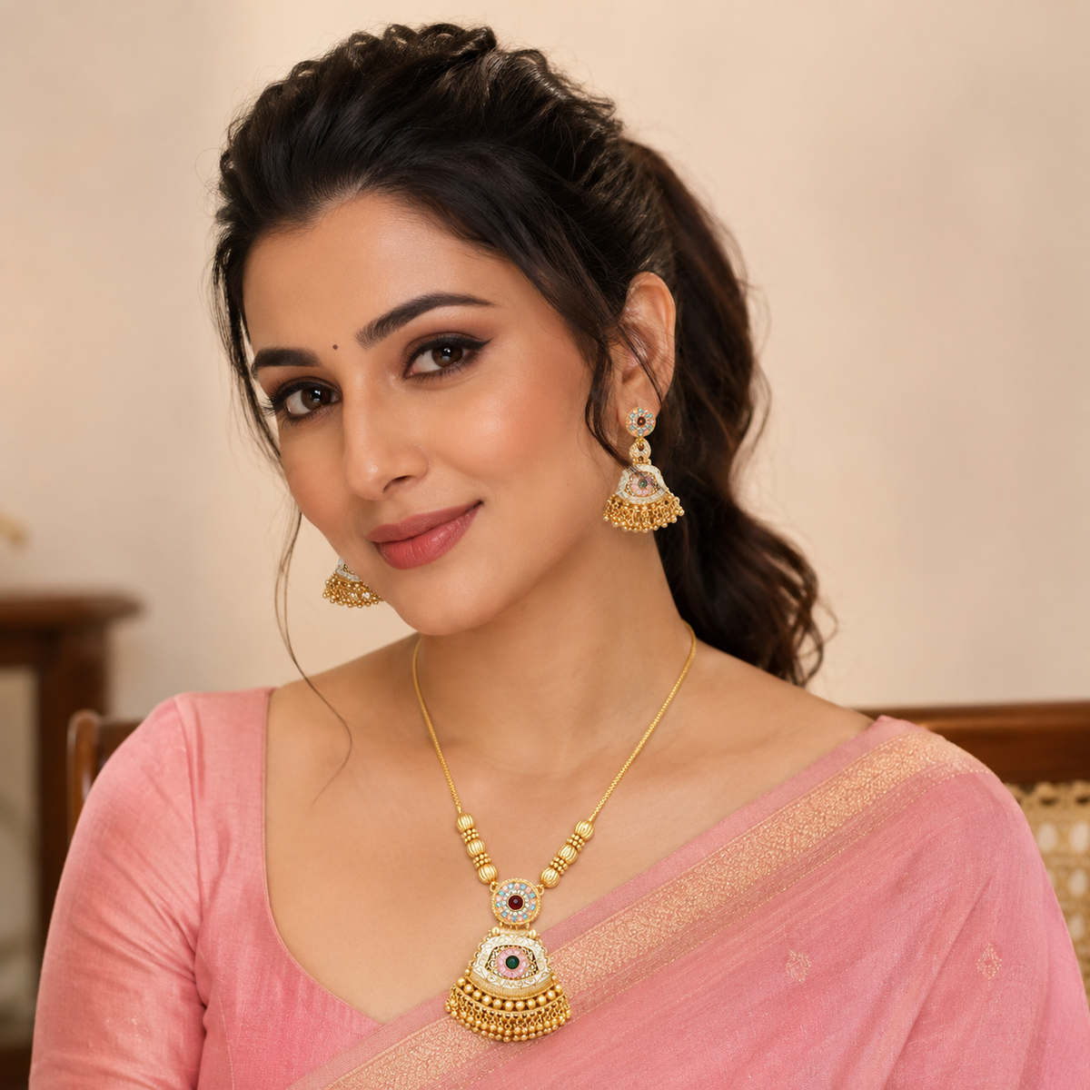 YLOCART Gold Tone Traditional Necklace and Earrings Set for Women | Multicolor Ethnic Jewellery Set