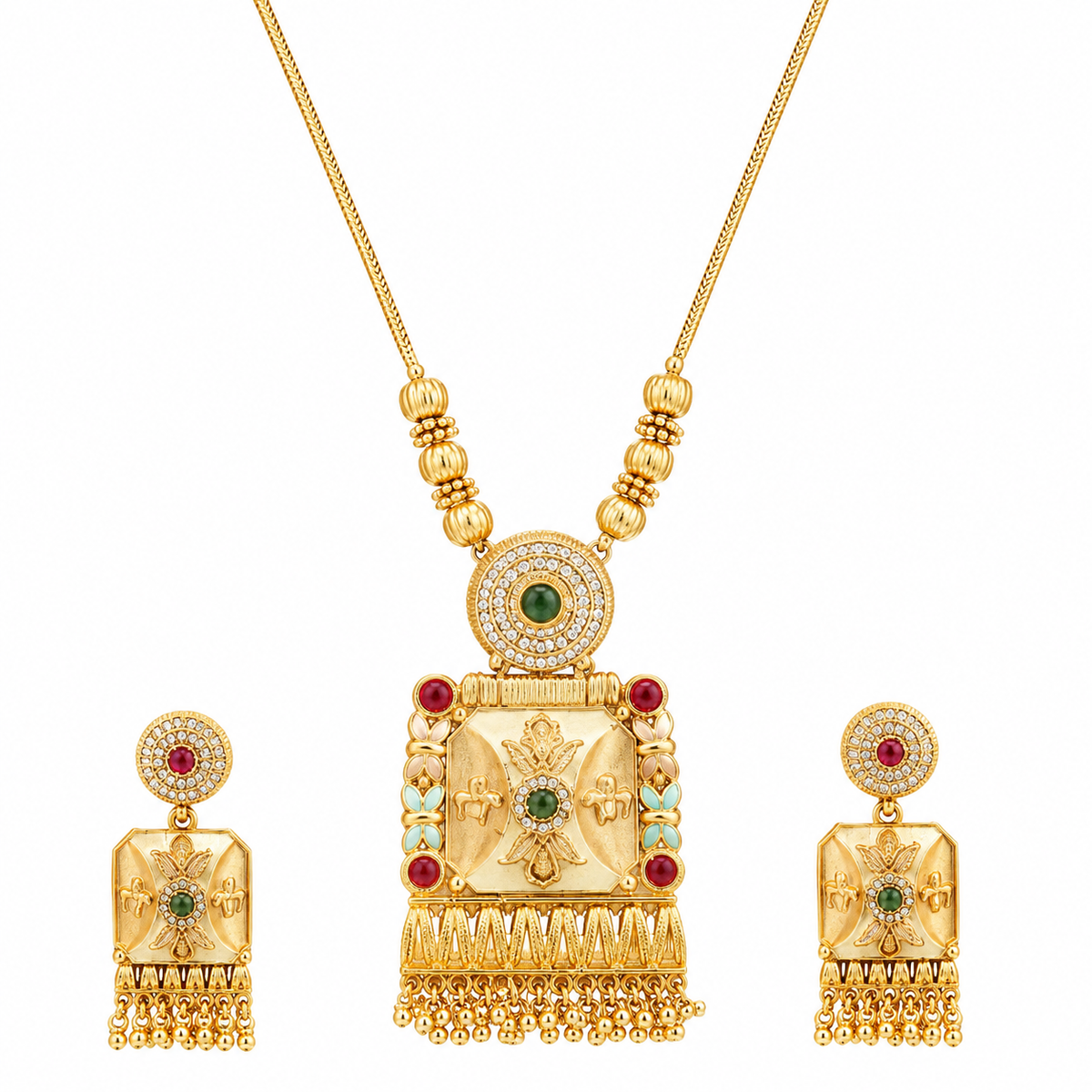 YLOCART Gold Tone Traditional Necklace and Earrings Set for Women | Green Red Stone Ethnic Jewellery Set