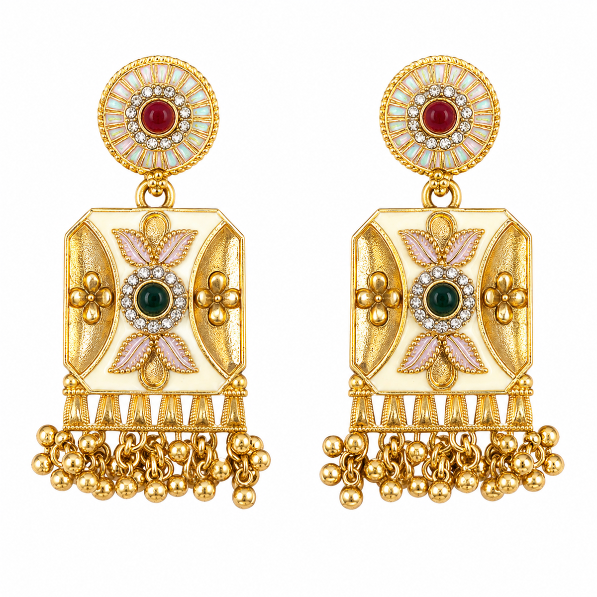 YLOCART Gold Tone Traditional Necklace and Earrings Set for Women | Green Red Stone Ethnic Jewellery Set
