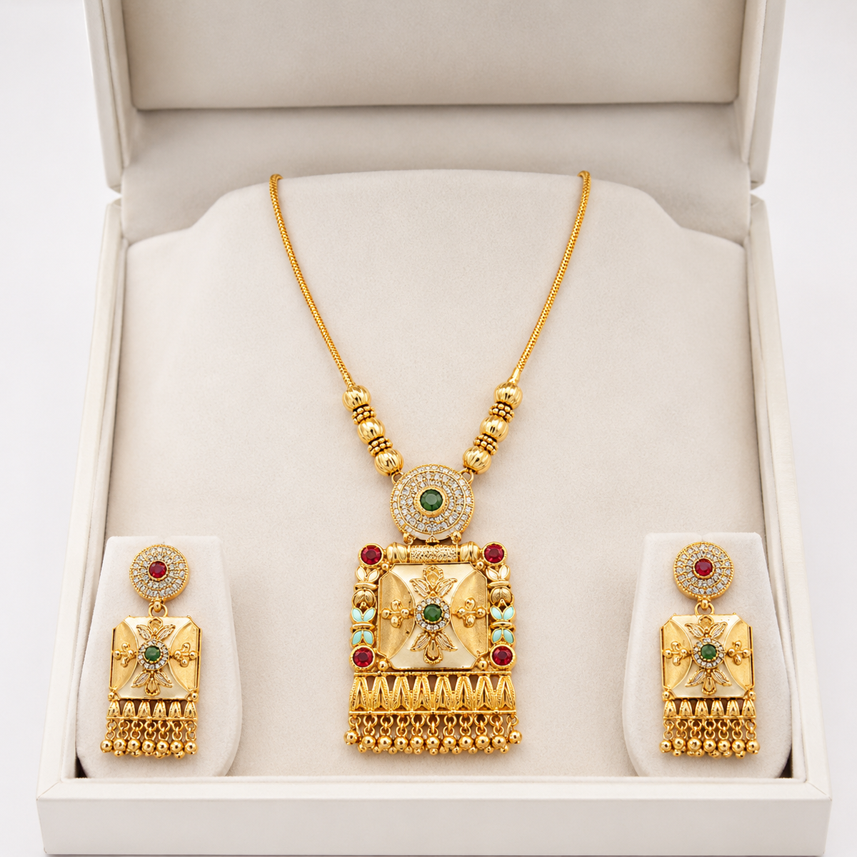 YLOCART Gold Tone Traditional Necklace and Earrings Set for Women | Green Red Stone Ethnic Jewellery Set