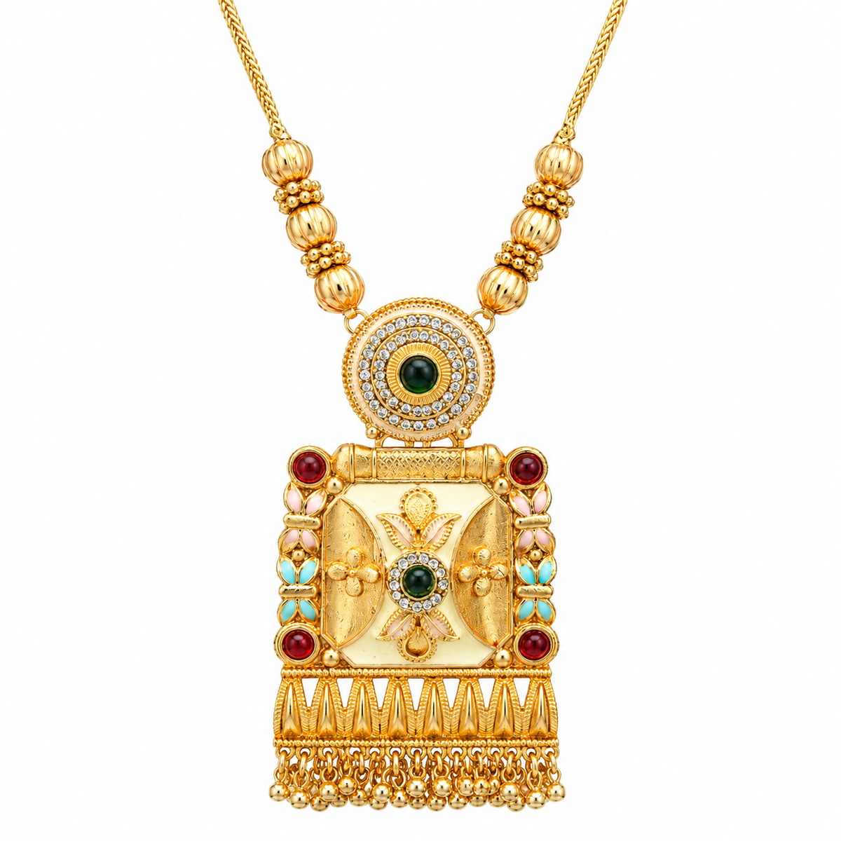 YLOCART Gold Tone Traditional Necklace and Earrings Set for Women | Green Red Stone Ethnic Jewellery Set