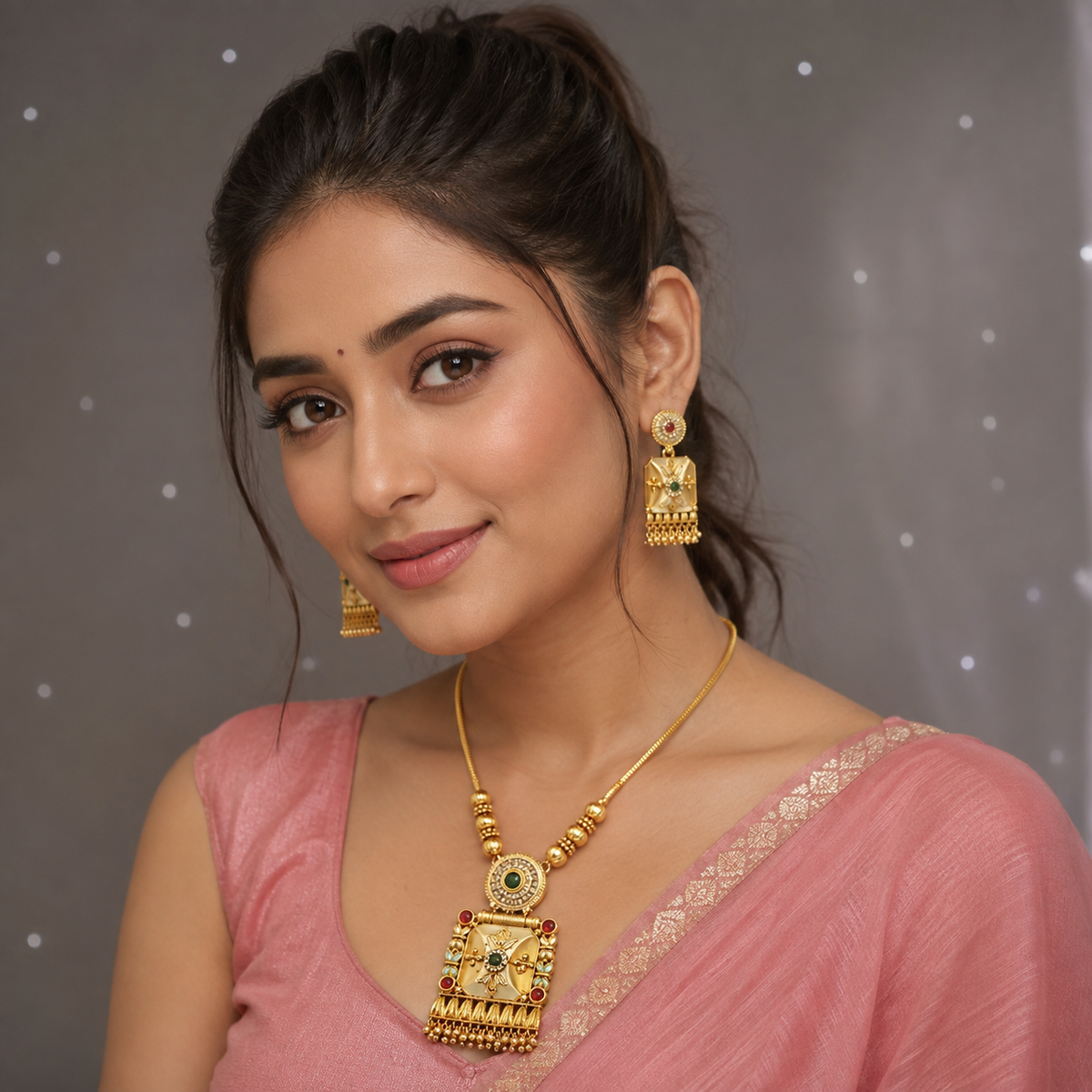 YLOCART Gold Tone Traditional Necklace and Earrings Set for Women | Green Red Stone Ethnic Jewellery Set