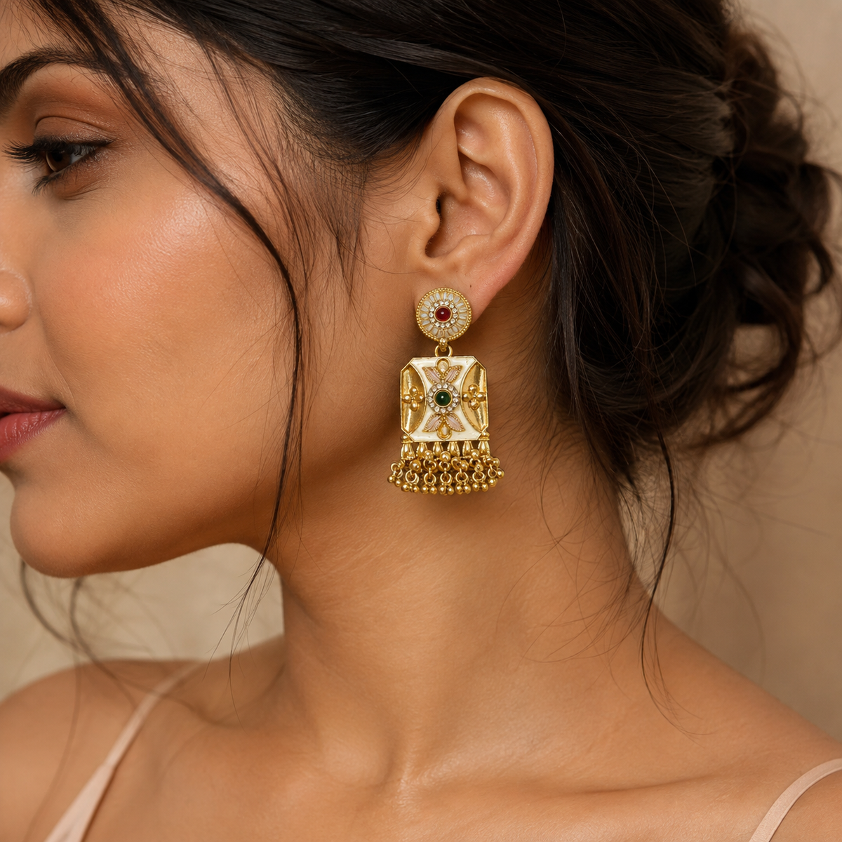 YLOCART Gold Tone Traditional Necklace and Earrings Set for Women | Green Red Stone Ethnic Jewellery Set
