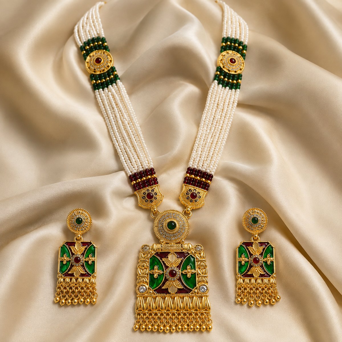 YLOCART Gold Tone Multicolor Pearl Necklace and Earrings Set for Women | Green Red Traditional Ethnic Jewellery