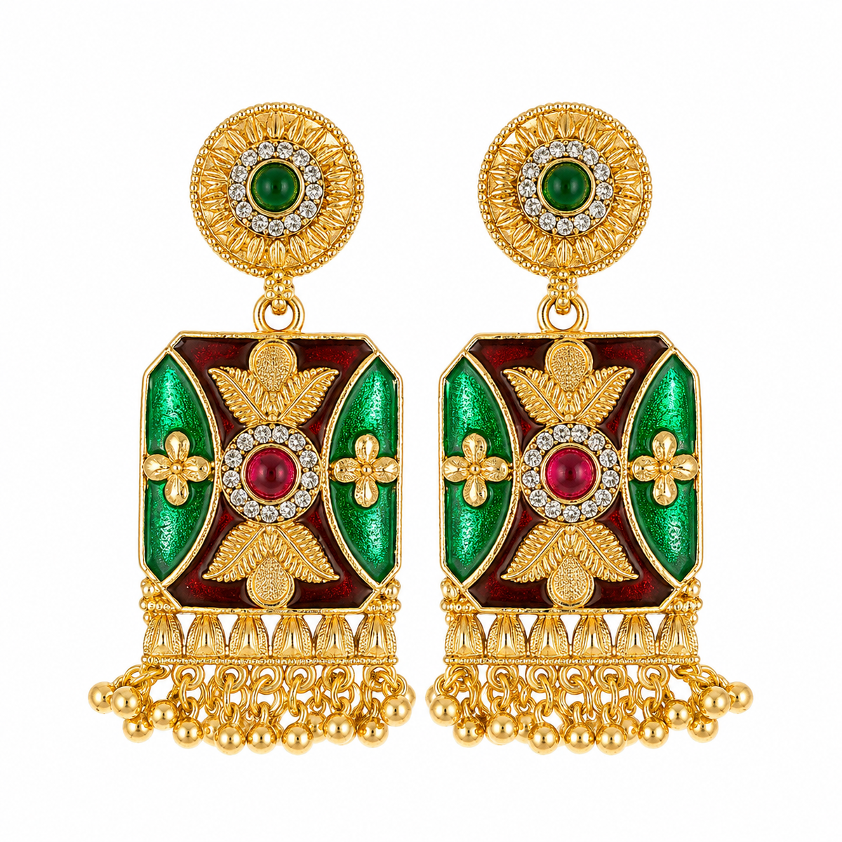 YLOCART Gold Tone Multicolor Pearl Necklace and Earrings Set for Women | Green Red Traditional Ethnic Jewellery