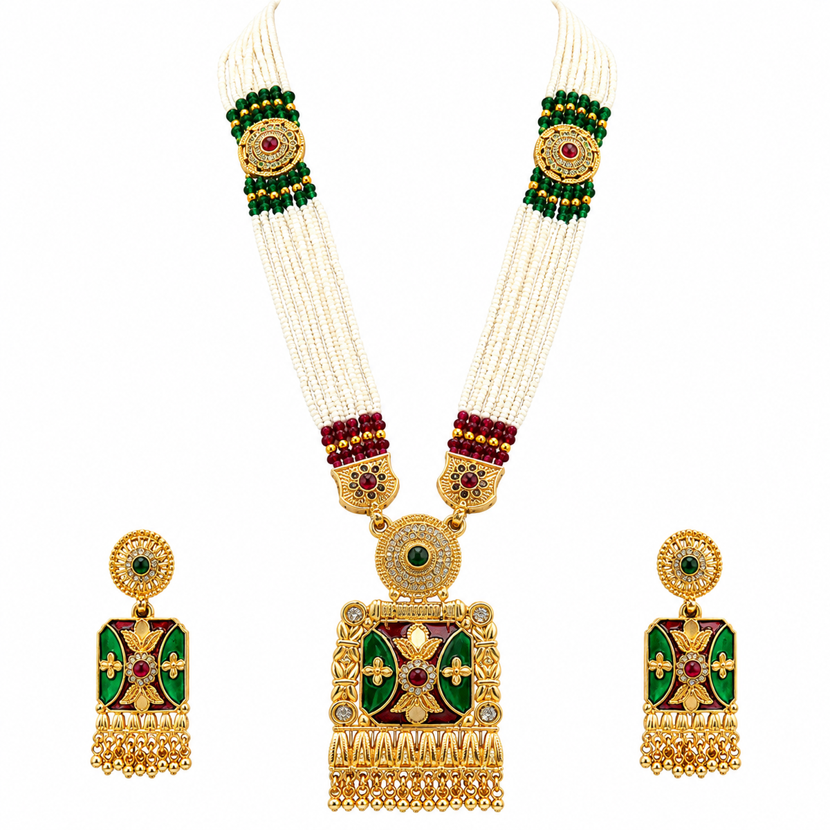 YLOCART Gold Tone Multicolor Pearl Necklace and Earrings Set for Women | Green Red Traditional Ethnic Jewellery