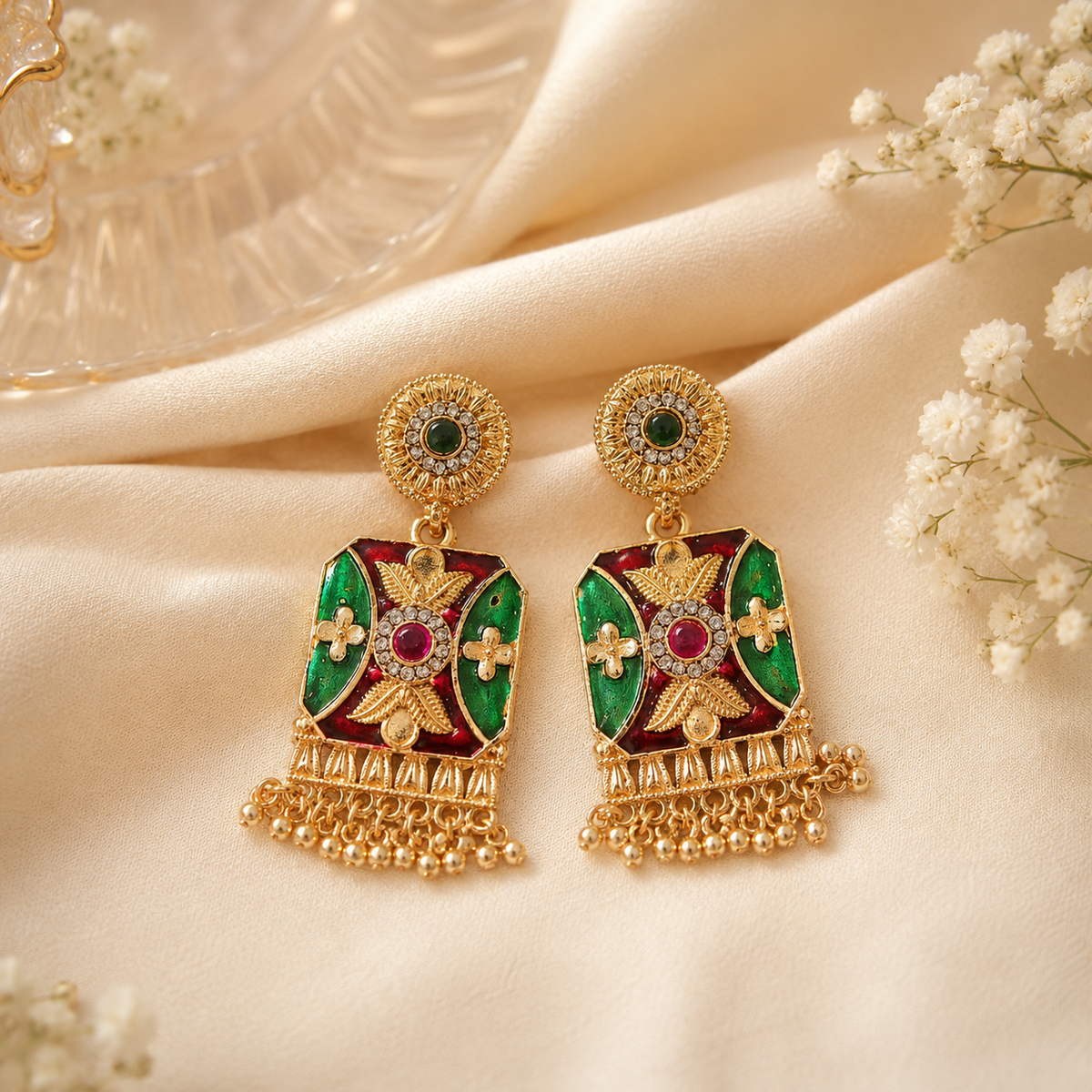 YLOCART Gold Tone Multicolor Pearl Necklace and Earrings Set for Women | Green Red Traditional Ethnic Jewellery