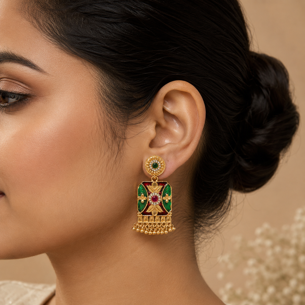 YLOCART Gold Tone Multicolor Pearl Necklace and Earrings Set for Women | Green Red Traditional Ethnic Jewellery