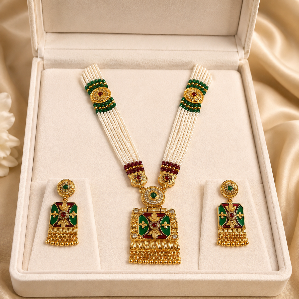 YLOCART Gold Tone Multicolor Pearl Necklace and Earrings Set for Women | Green Red Traditional Ethnic Jewellery