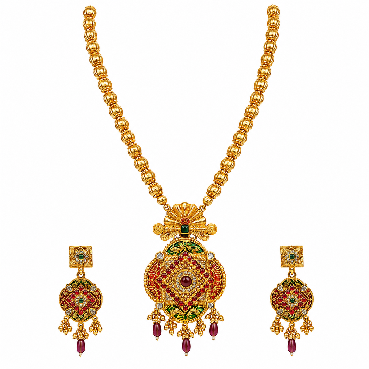 YLOCART Gold Tone Traditional Multicolor Necklace and Earrings Set for Women | Red Green Ethnic Jewellery