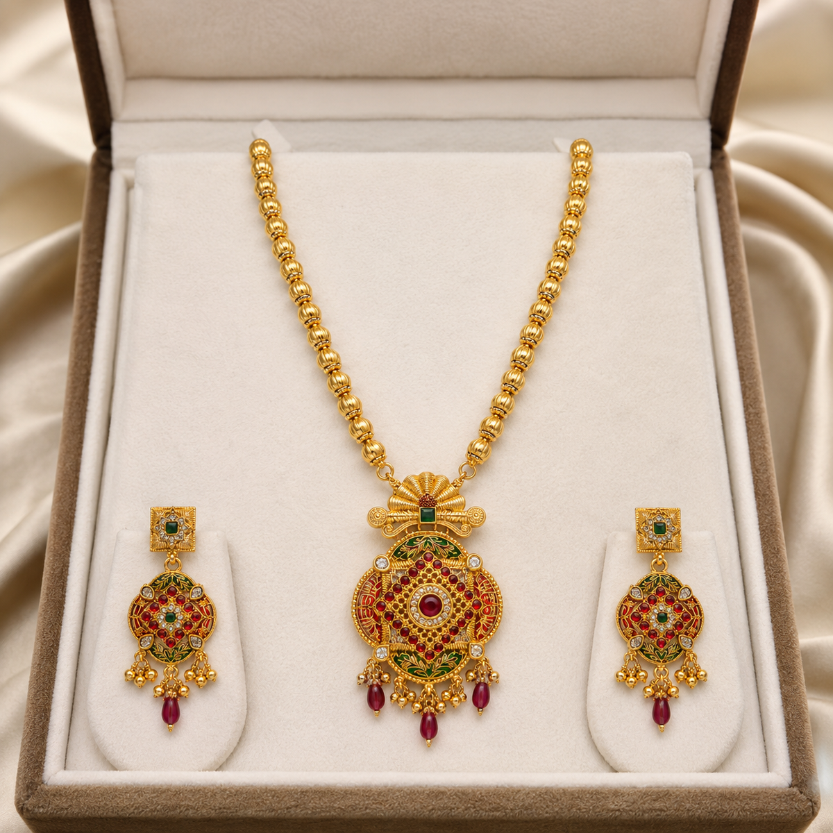 YLOCART Gold Tone Traditional Multicolor Necklace and Earrings Set for Women | Red Green Ethnic Jewellery