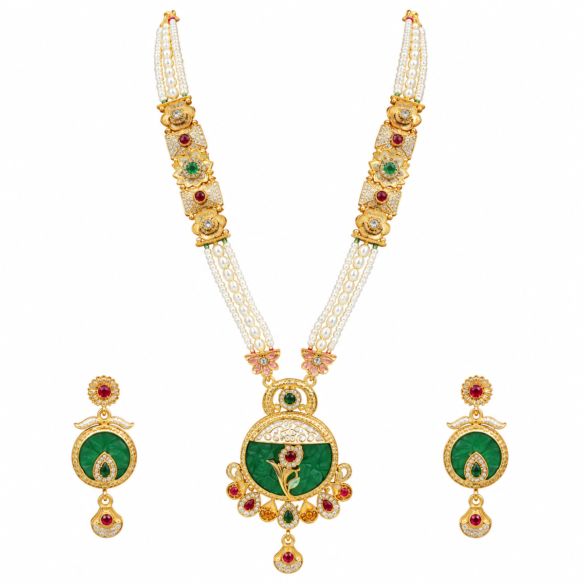 YLOCART Gold Tone Pearl Necklace and Earrings Set for Women | Green Red Traditional Ethnic Jewellery
