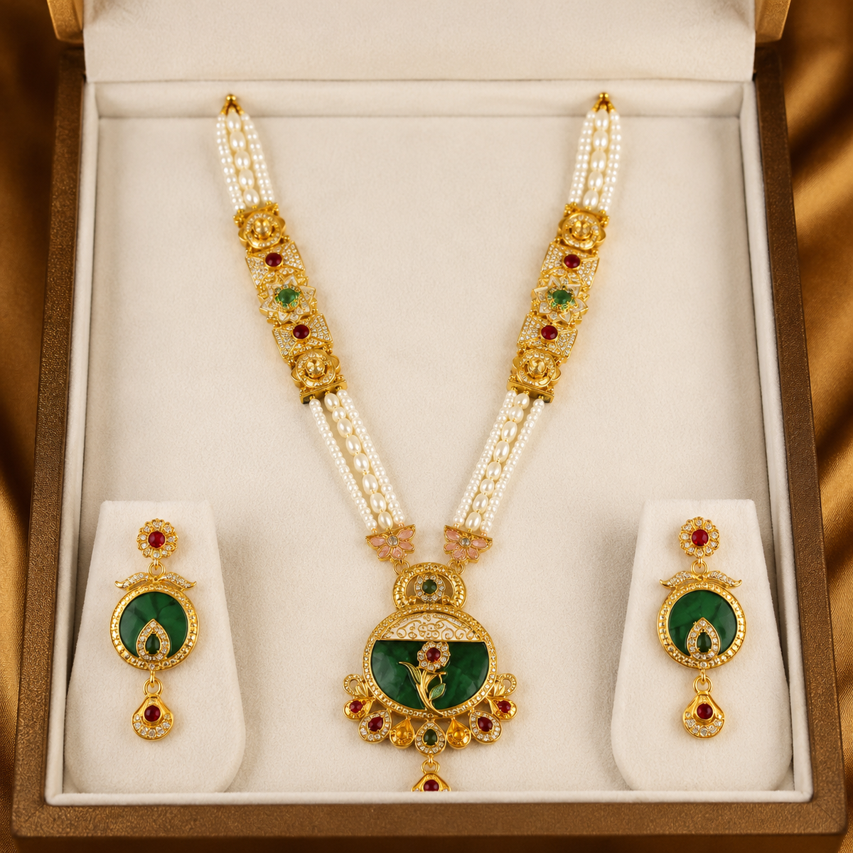 YLOCART Gold Tone Pearl Necklace and Earrings Set for Women | Green Red Traditional Ethnic Jewellery
