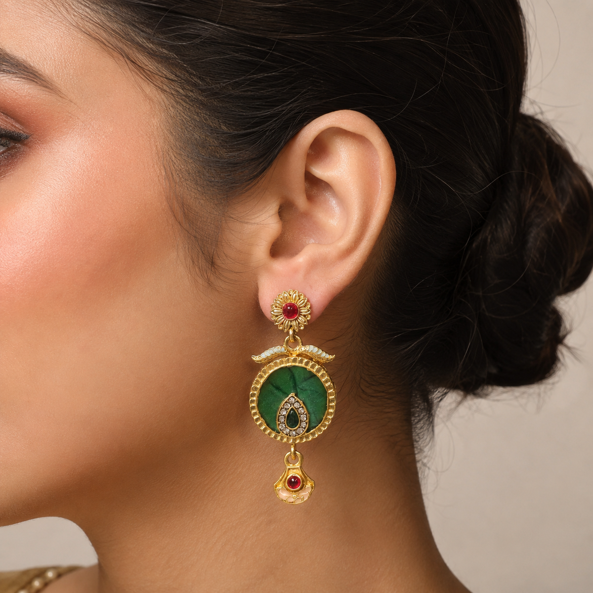 YLOCART Gold Tone Pearl Necklace and Earrings Set for Women | Green Red Traditional Ethnic Jewellery
