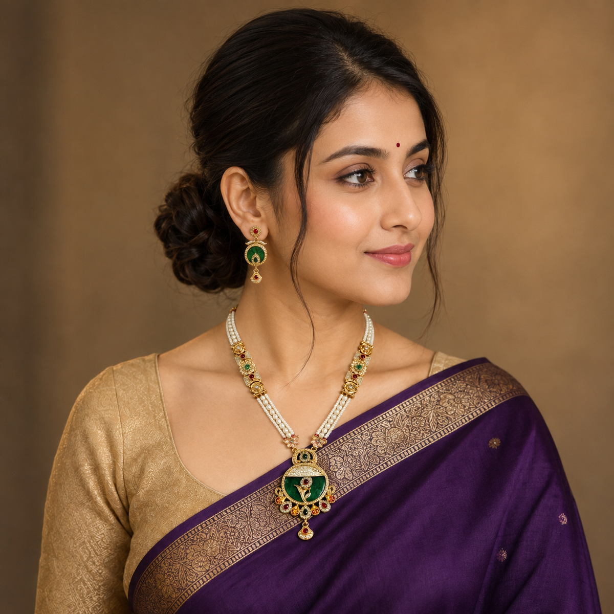 YLOCART Gold Tone Pearl Necklace and Earrings Set for Women | Green Red Traditional Ethnic Jewellery