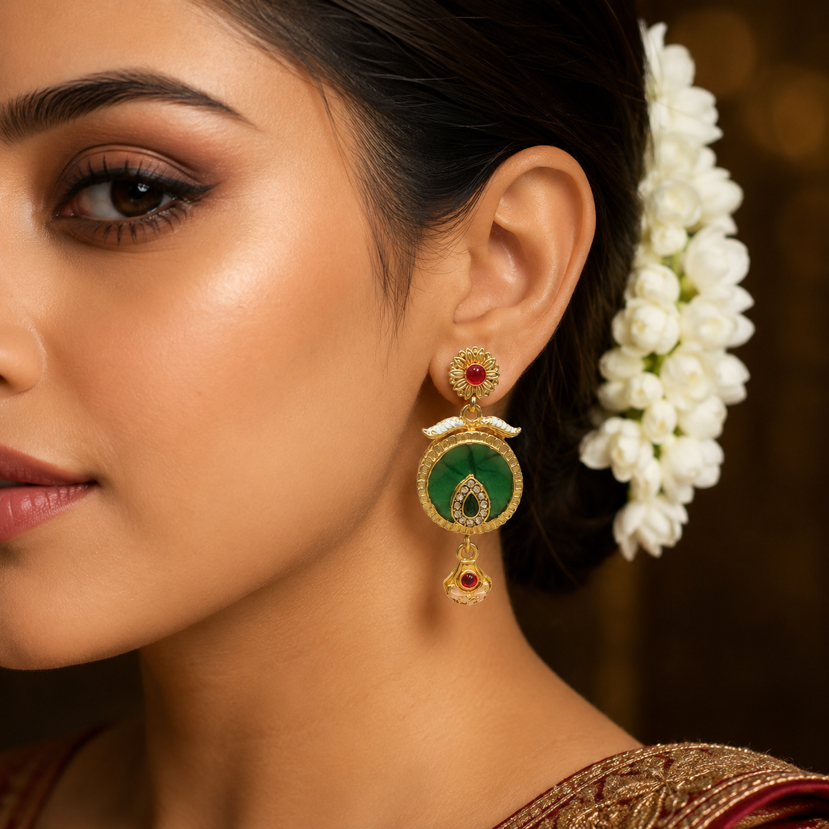 YLOCART Gold Tone Pearl Necklace and Earrings Set for Women | Green Red Traditional Ethnic Jewellery